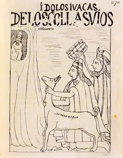 偶像にリャマを捧げるインカ（彫刻 作： Felipe Huaman Poma de Ayala