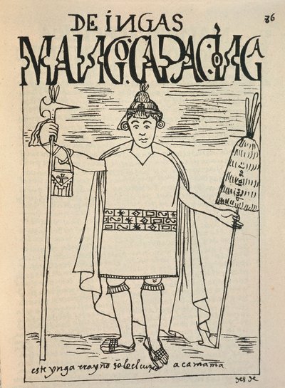 インカの伝説的な創始者であり、インカ神話の人物であるマンコ・カパックを表現したもの（墨絵 作： Felipe Huaman Poma de Ayala