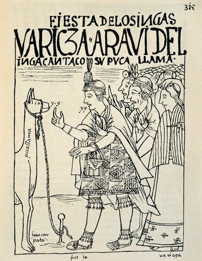 インカの儀式の際のラマの生け贄（水墨画、1587年頃 作： Felipe Huaman Poma de Ayala