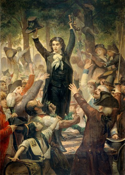 カミーユ・デムーラン（1760-1794）がパレ・ロワイヤルの庭園で愛国者に嫌がらせをする パリにおけるフランス革命の主な場面：1789年12月7日、国王がジャック・ネッカーを解任した後、カミーユ・デムーランがパレ・ロワイヤルで群衆に嫌がらせをする。 作： Félix Joseph Barrias