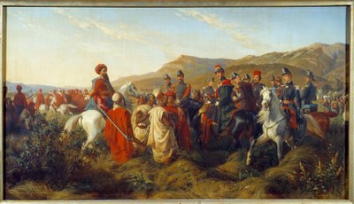 アルジェリアのコンケテ（1830年〜1847年）。1840年のアルジェリア遠征のエピソード - 初代国王ルイ・フィリップ（Louis-Philippe）の息子であるオルレアン公フェルディナン・フィリップ（Ferdinand-Philippe）（1810-1842）が、Blのキャンプの近くで2人のアラブ人捕虜に自由を与える。 作： Felix (after) Philippoteaux