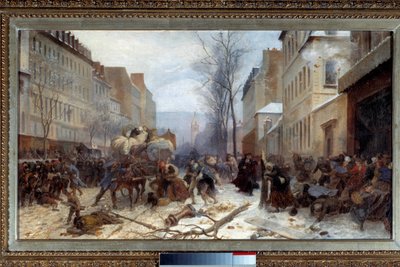 1871年1月のプロイセン軍によるパリでの爆撃シーン 1870年から1871年の戦争：プロイセン軍によるパリ包囲戦。アンリ・フェリックス・フィリポトー（1815-1884）による絵画。ディム。0.46 x 0.81 m. 1871年。パリ、カルナヴァレ博物館 - プロイセン軍によるパリでの爆撃シーン 作： Felix (after) Philippoteaux