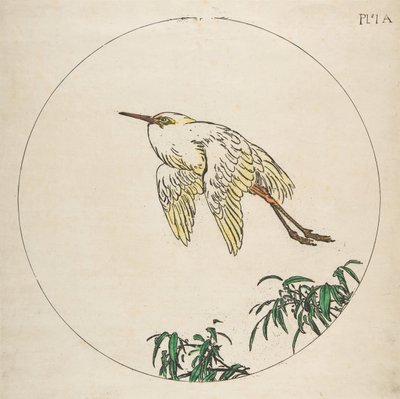皿の装飾：竹の枝の上を飛ぶ白鷺、1850～1914年。 作： Felix Bracquemond