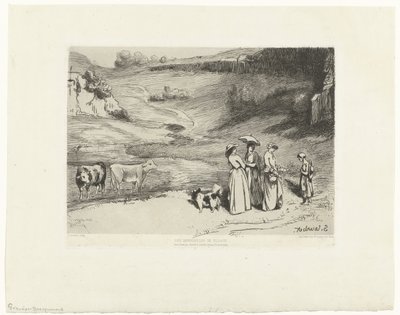 若い女性は丘陵の風景の中で羊飼いにお金を与える Les demoiselles du villages (オブジェクトのタイトル) 作： Felix Bracquemond