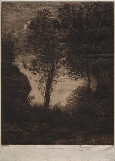 風景：コローの後の日没、c。 1858年。 作： Felix Bracquemond