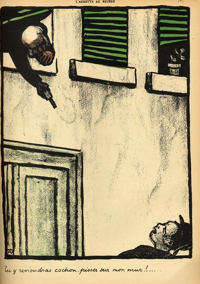1902年3月1日、「L&39;Assiette au Beurre」の特別版「犯罪と罰」から、ブルジョアが彼の窓から通行人に向かって発砲 作： Felix Edouard Vallotton
