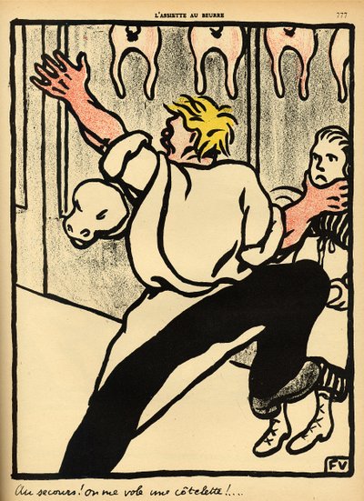 1902年3月1日、「L&39;Assiette au Beurre」の特別版「Crimes and Punishments」から、肉屋が首を押さえて助けを求める 作： Felix Edouard Vallotton