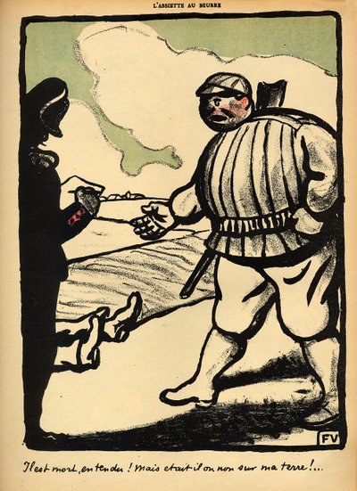 1902年3月1日、「L&39;Assiette au Beurre」の特別版「犯罪と罰」から地主が浮浪者を殺す 作： Felix Edouard Vallotton