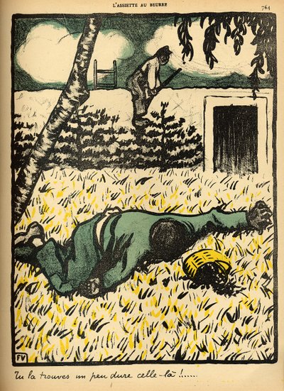 1902年3月1日、「L&39;Assiette au Beurre」の特別版「Crimes and Punishments」から、農民が彼のツリーから梅を盗んで捕まったトランプを撃ちます。 作： Felix Edouard Vallotton