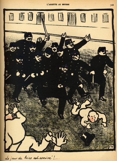 警察の旅団が1902年3月1日の「L&39;Assiette au Beurre」の特別版「Crimes and Punishments」（カラーリソ）からデモ隊のグループを起訴する 作： Felix Edouard Vallotton