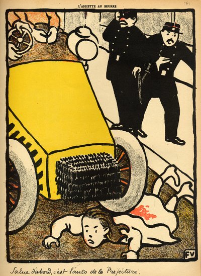 1902年3月1日、「L&39;Assiette au Beurre」の特別版「犯罪と罰」からパトカーが少女の上を走る 作： Felix Edouard Vallotton