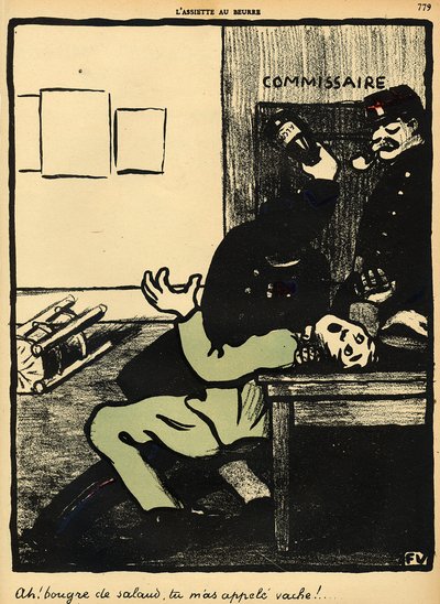 1902年3月1日、「L&39;Assiette au Beurre」の特別版「Crimes and Punishments」から、警察官が警察署で男をボトルで殴る 作： Felix Edouard Vallotton
