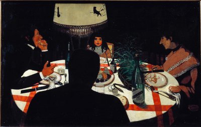ディナー、ランプ効果。(1899年、木に油彩) 作： Felix Edouard Vallotton