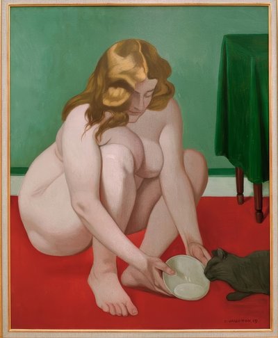猫に牛乳を提供している身をかがめる女性 作： Felix Edouard Vallotton