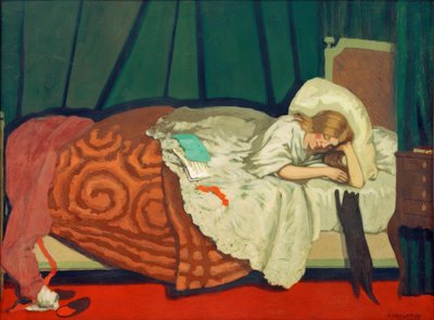 猫と遊ぶ横になっている女性 作： Felix Edouard Vallotton