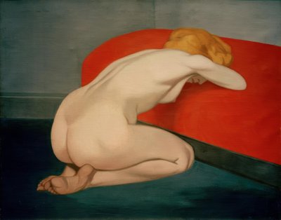 赤いソファの前にひざまずいて裸の女性 作： Felix Edouard Vallotton