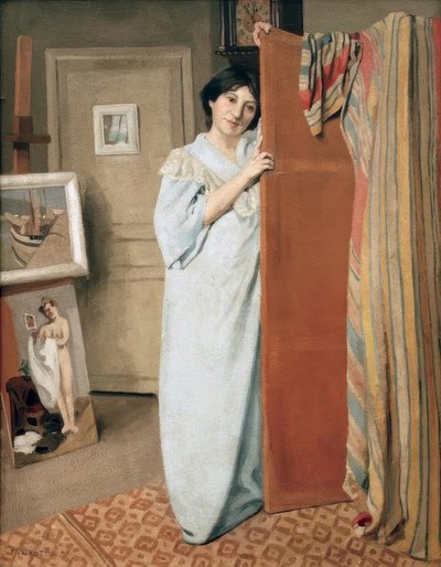 アーティストの妻とのワークショップのインテリア 作： Felix Edouard Vallotton