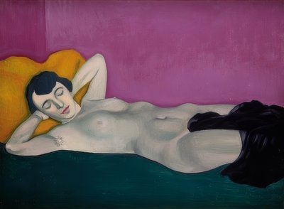 紫色の背景に横たわっている女性。 1924 作： Felix Edouard Vallotton