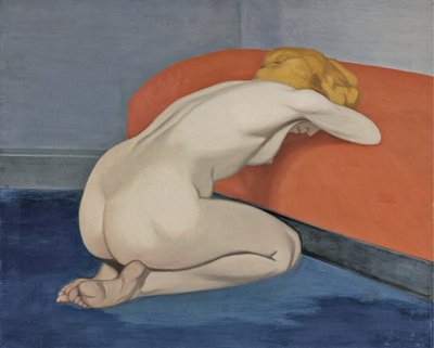 赤いソファの前でひざまずいて裸の女性、1915 作： Felix Edouard Vallotton
