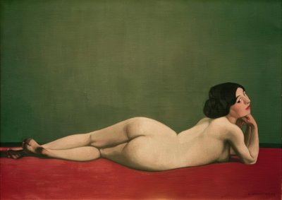 レッドカーペットの上に横たわるヌード 作： Felix Edouard Vallotton