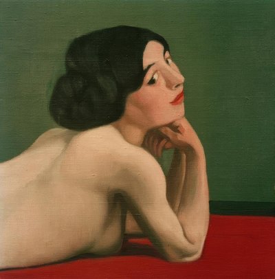 レッドカーペットの上に横たわるヌード 作： Felix Edouard Vallotton