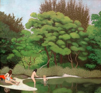 2人の女性と1人の子供がいる、日当たりの良い下草の風景 作： Felix Edouard Vallotton