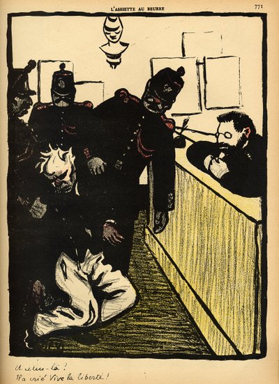 3人の警官が1902年3月1日の「L&39;Assiette au Beurre」の特別版「犯罪と罰」から黒と青に殴られた男を警察署に連れて行きます。 作： Felix Edouard Vallotton