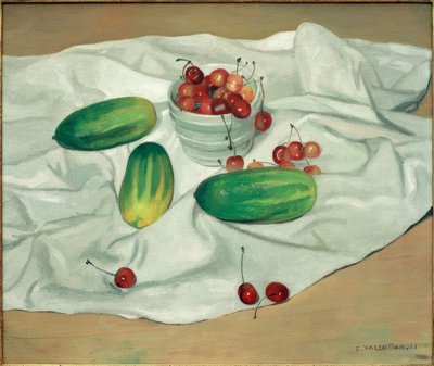 きゅうり3本とさくらんぼが入った花瓶 作： Felix Edouard Vallotton