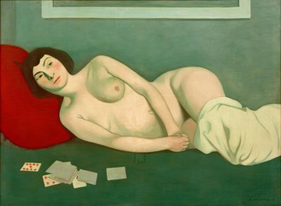 青いカードで横になっている裸の女性 作： Felix Edouard Vallotton