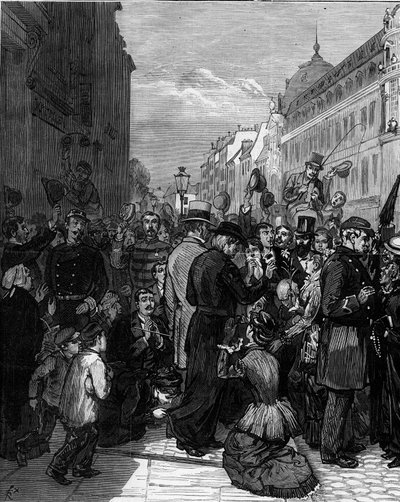 1880年3月にジュール・フェリーが発行した、無許可の宗教団体のメンバーを教える権利を奪うという命令に基づき、パリのセーブル通りからイエズス会の人々が追放された：パリの人々は追放された人々に連帯感を示した 作： Felix Elie Regamey