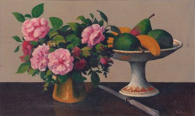 花と果物のある静物（キャンバスに油彩） 作： Felix Elie Tobeen