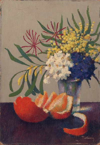 花とオレンジのある静物（段ボールに油彩） 作： Felix Elie Tobeen