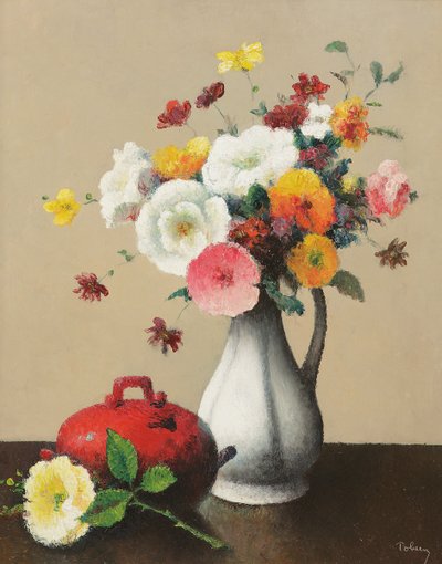 白い花瓶と赤い箱（キャンバスに油彩） 作： Felix Elie Tobeen