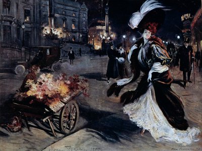 ベルエポック。夜のパリの街で白鷺を連れた女性。フェリックス・フルネリー（1865-1938）によるイラスト 作： Felix Fournery