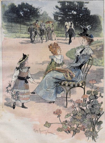 1892年、パリの順化の庭への子供たちの散歩。エングレーヴィング・ザ・ファウンダリー・アケレル。 作： Felix Fournery