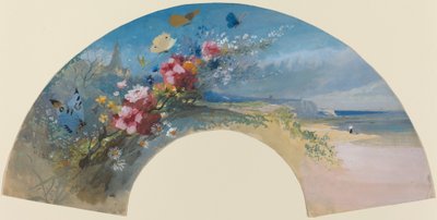 ノーマン コーストを背景にしたワイルドフラワーとバタフライのファン、c. 1875年。 作： Felix Hilaire Buhot