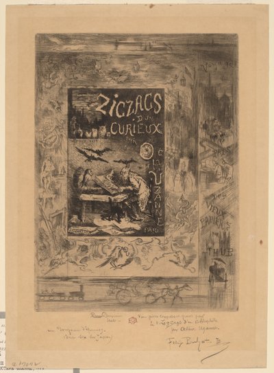 1888年、オクターヴ・ウザンヌ作「キュリューのジグザグ」の口絵。 作： Felix Hilaire Buhot