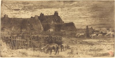 Les Bergeries、Soleil Couchant の田園風景、夕日。 作： Felix Hilaire Buhot