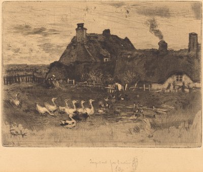 Les Petites Chaumières わらぶき小屋 -- 小皿、1878 年。 作： Felix Hilaire Buhot