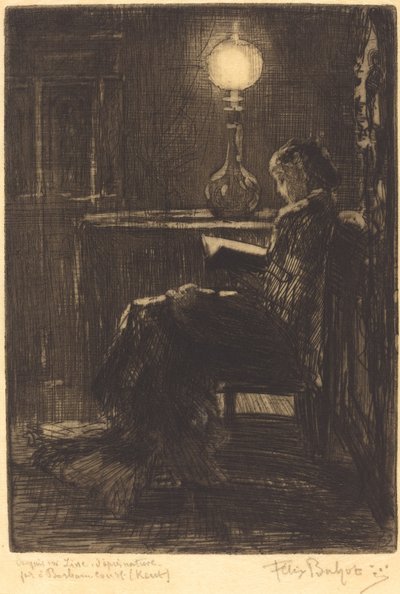 ランプライトで読書する女性、1879年。 作： Felix Hilaire Buhot