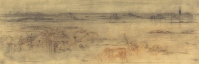 右に要塞都市、左に島々、前景にコテージがある海景、c1882。 作： Felix Hilaire Buhot