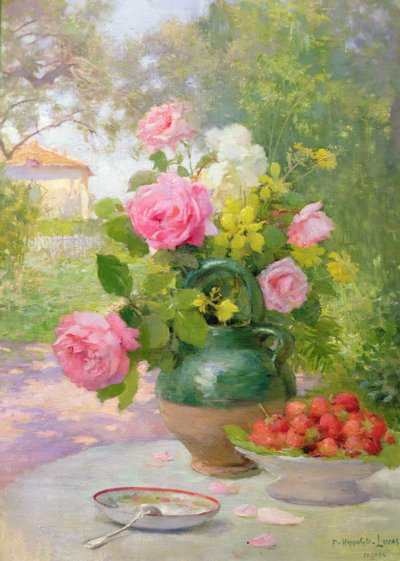 薔薇とイチゴの静物画 作： Felix Hippolyte Lucas