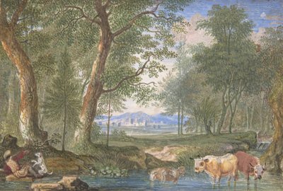 小川に牛がいる風景、1698年。 作： Felix Meyer