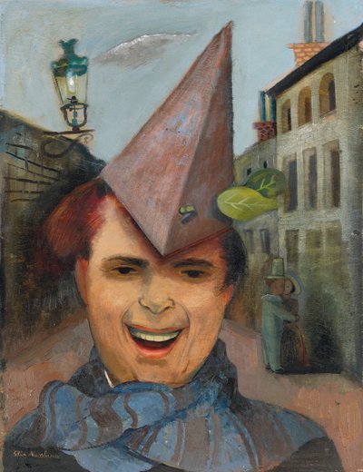 紙の帽子と青いスカーフのある自画像、1936年頃（合板に油彩） 作： Felix Nussbaum