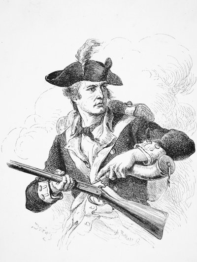 独立戦争中のアメリカ人兵士が、火縄銃のパンに火薬入れを使っている様子、A.Bollettの刻印（エングレービング 作： Felix Octavius Carr (after) Darley