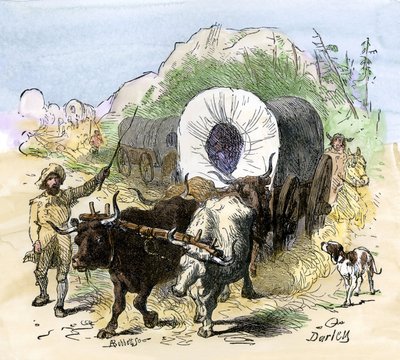 西部開拓とコンケートの歴史：アメリカの開拓者たち19世紀初頭、ミシシッピ渓谷に移住した開拓者たち。ダーレーによる彩色エングレーヴィング。 作： Felix Octavius Carr (after) Darley