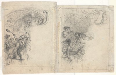 パンケーキを投げるシェフと 4 人の男性のグループ [裏面] 作： Felix Octavius Carr Darley