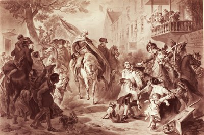 ジョージワシントンは1783年にニューヨークに入り、アレクサンダーヘイリッチー（1822-1895）（メゾチント）によって彫刻されました 作： Felix Octavius Carr Darley