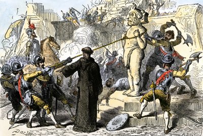 メキシコのアステカの偶像を破壊するスペイン人司祭たち。19世紀（カラーエングレーヴィング） 作： Felix Octavius Carr Darley