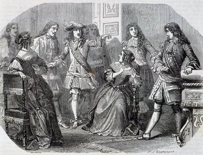 ニコラ・フーケ財務長官の逮捕（アンリ・フェリックス・エマニュエル・フィリポトー（1815-1884）による彫刻） アレクサンドル・デュマ（1802-1870）の『ブラゲロンヌの代爵』より 作： Felix Philippoteaux